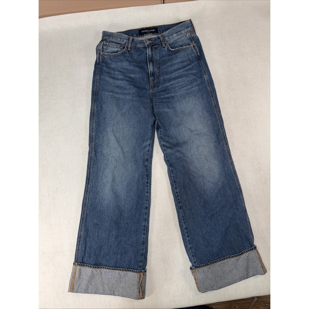Veronica Beard Taylor Relaxed Wide Leg Jeans Blue Denim High Rise Cuffed Hem 30